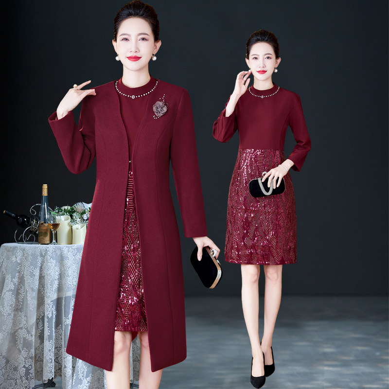 镶钻高贵套装裙亮片毛呢大衣外套