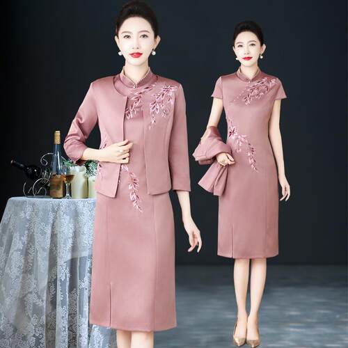 新中式旗袍套装裙年轻妈妈礼服裙