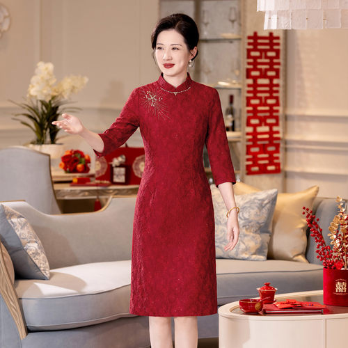 喜婆婆婚宴装旗袍蕾丝连衣裙大码