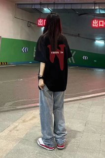 纯棉美式潮牌短袖t恤女宽松hiphop设计感半袖夏季宽松大码上衣ins