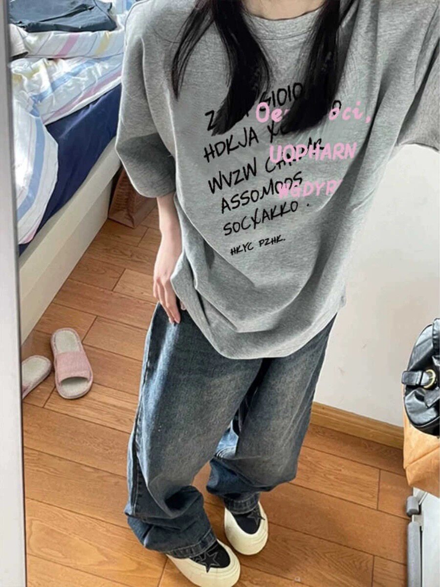 重磅纯棉美式字母灰色短袖t恤女夏季2025新款宽松设计感半袖上衣
