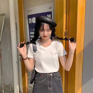 2025新款宽松V领白色t恤女装短袖ins潮网红时尚洋气蹦迪上衣服夏