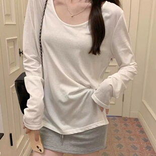 大领口u领纯欲长袖T恤女早秋韩版宽松内搭可外穿打底衫纯棉上衣潮