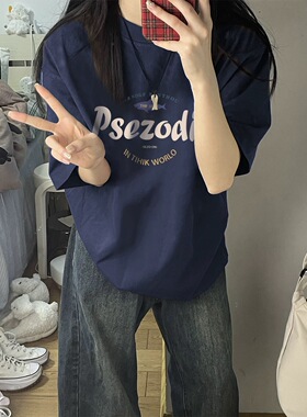 美式复古情侣短袖t恤女2025新款宽松夏季藏蓝色上衣设计感小众ins