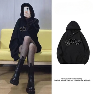 黑色连帽hiphop潮牌卫衣女设计感小众春秋款 chic港风oversize外套