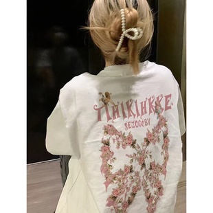 国潮美式 情侣小众独特别致设计感上衣 复古正肩短袖 纯棉t恤女夏季
