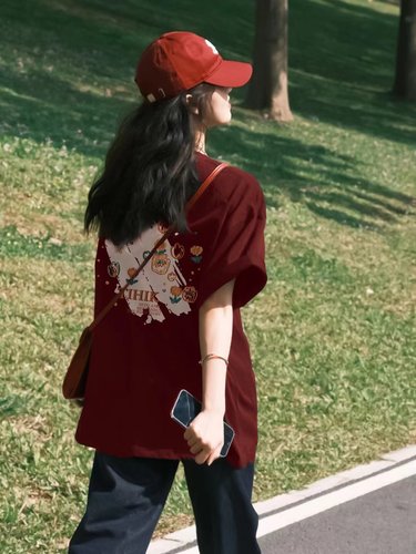 重磅纯棉酒红色短袖t恤女
