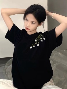 上衣 纯棉设计感小众正肩短袖 t恤女2025新款 夏季 高街潮牌宽松半袖