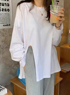 白色开叉长袖T恤女秋冬季洋气内搭打底衫宽松叠穿卫衣中长款上衣