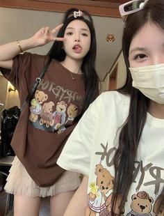 早春设计感宽松中长款 T恤女装 chic 复古可爱趣味小熊印花短袖 美式