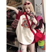 小个子正肩短袖 美式 2025新款 上衣女夏季 t恤 复古酒红色拼接插肩袖