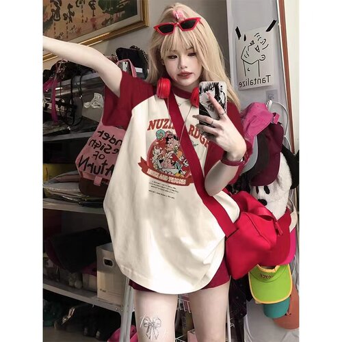 美式复古酒红色拼接插肩袖上衣女