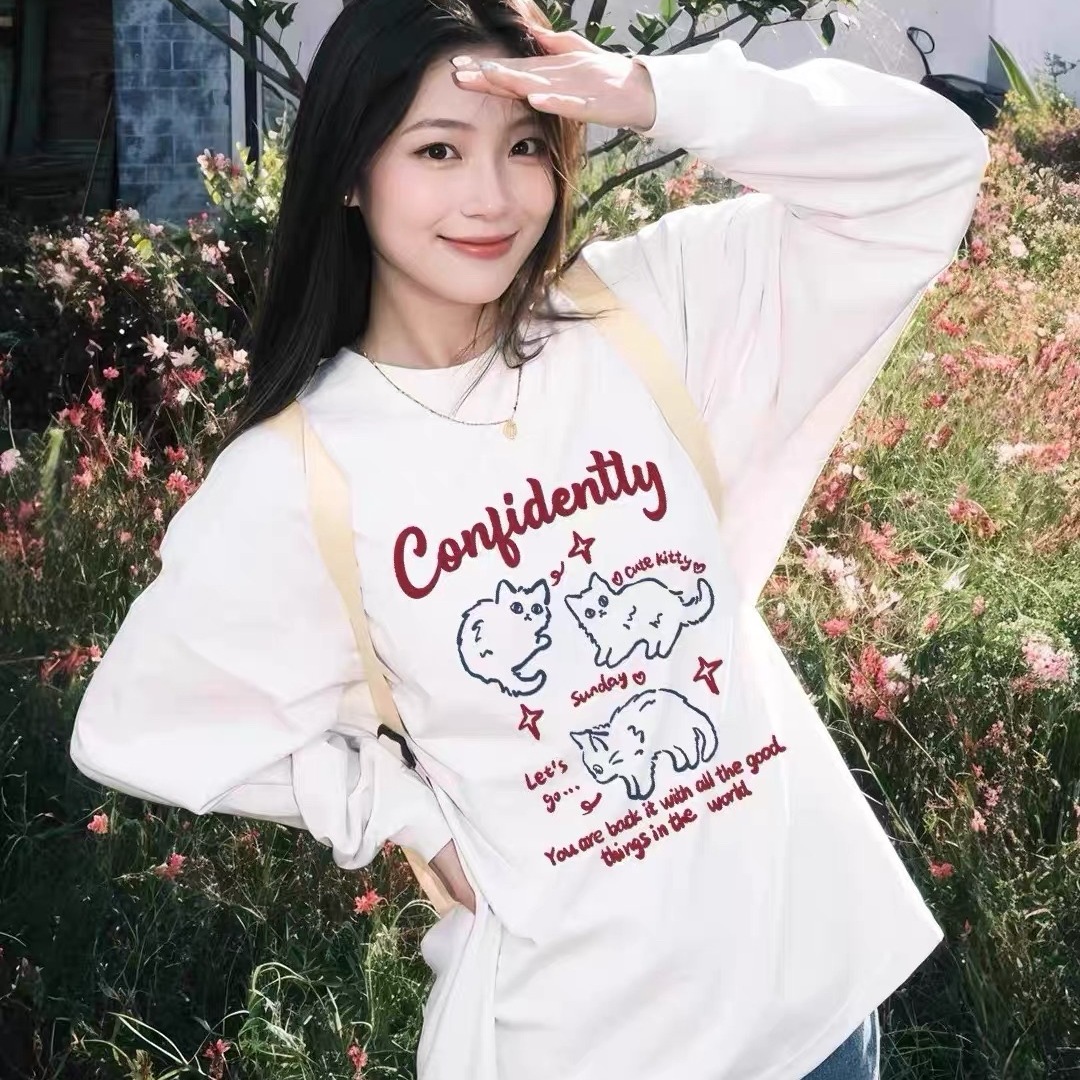 白色纯棉长袖T恤女春秋2025新款学生宽松慵懒风内搭打底衫上衣服