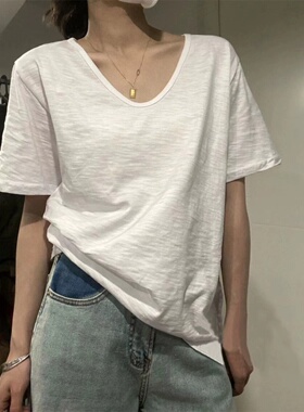 纯棉短袖t恤女白色v领上衣夏季薄款宽松慵懒复古港味chic打底衫潮