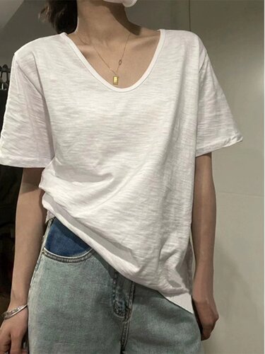 纯棉短袖t恤女白色v领上衣