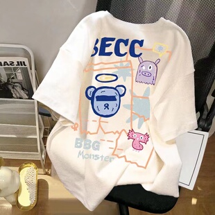 纯色白色宽松短袖T恤女慵懒风小熊半袖2025夏季新款oversize上衣