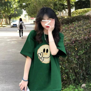 绿色正肩短袖t恤女夏季小众设计纯棉国潮情侣装2025新款春装上衣