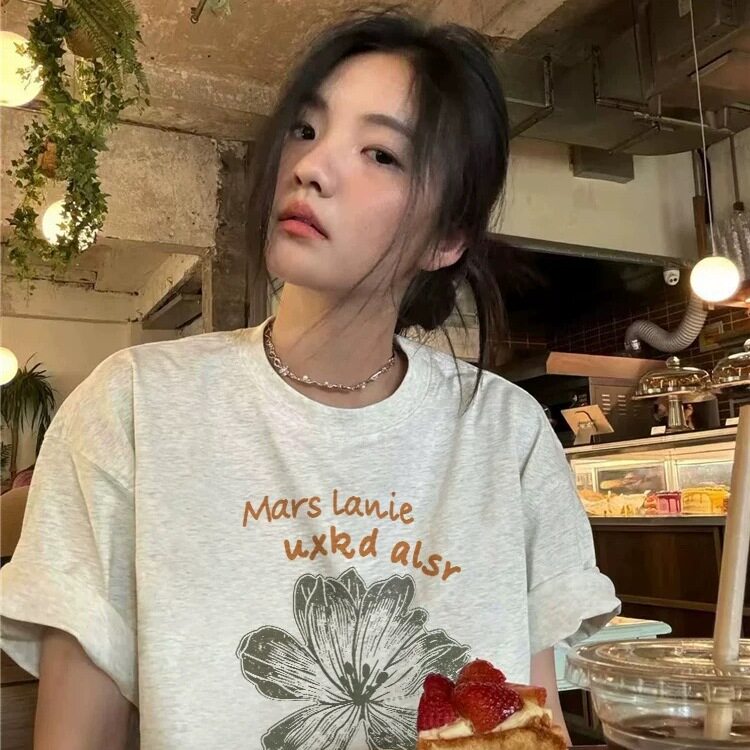 纯棉美式复古植物花卉正肩短袖t恤女夏季设计感小众慵懒半袖体恤