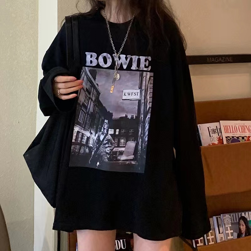 港风美式复古长袖t恤女大码宽松