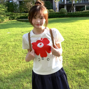 韩系小红色白色正肩短袖 显瘦上衣 t恤女夏2025新款 设计感小众修身