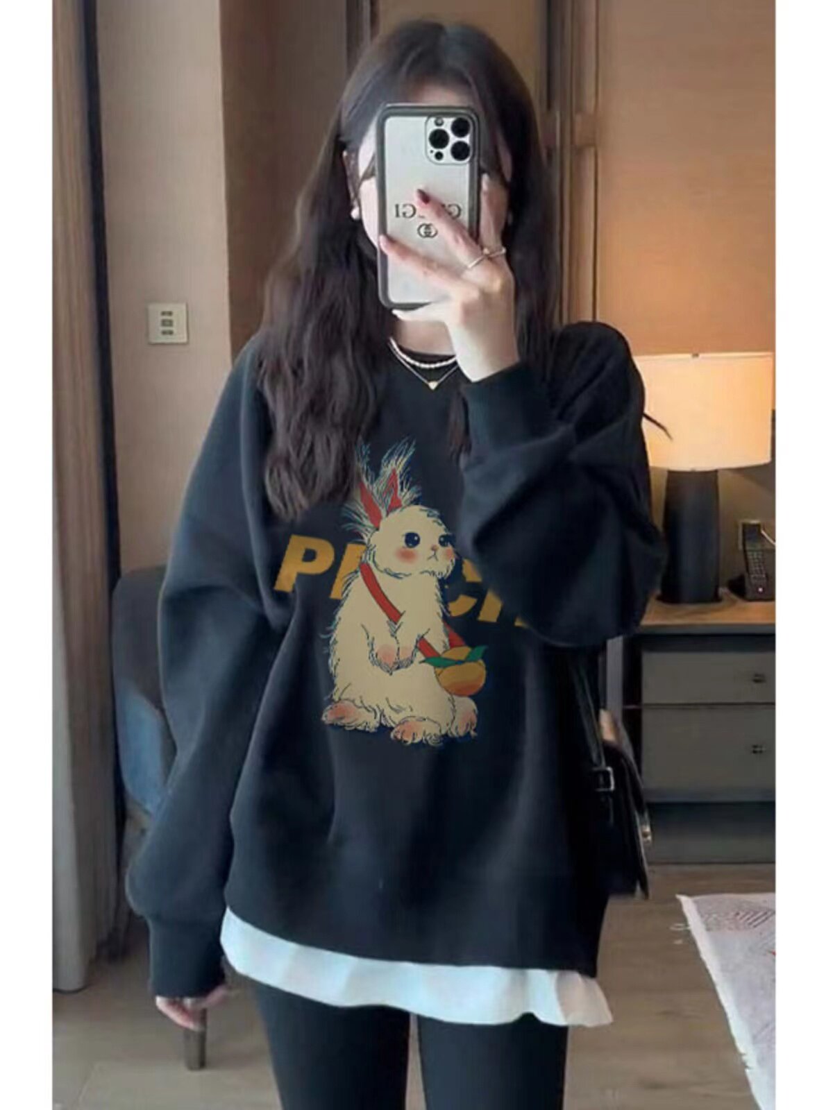黑色圆领无帽宽松薄款卫衣女2025新款爆款春秋季洋气韩版上衣外套