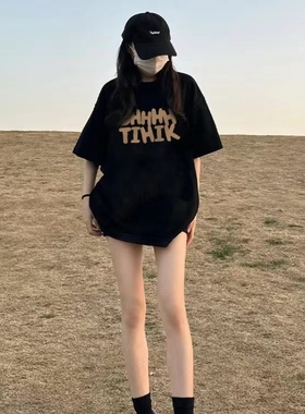 黑色正肩短袖t恤女夏季2025新款韩系设计感宽松纯棉甜辣chic上衣