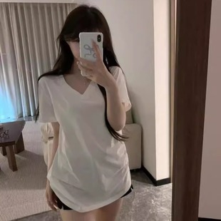 t恤女2025夏季 纯棉v领白色正肩短袖 宽松大领口慵懒风百搭休闲上衣