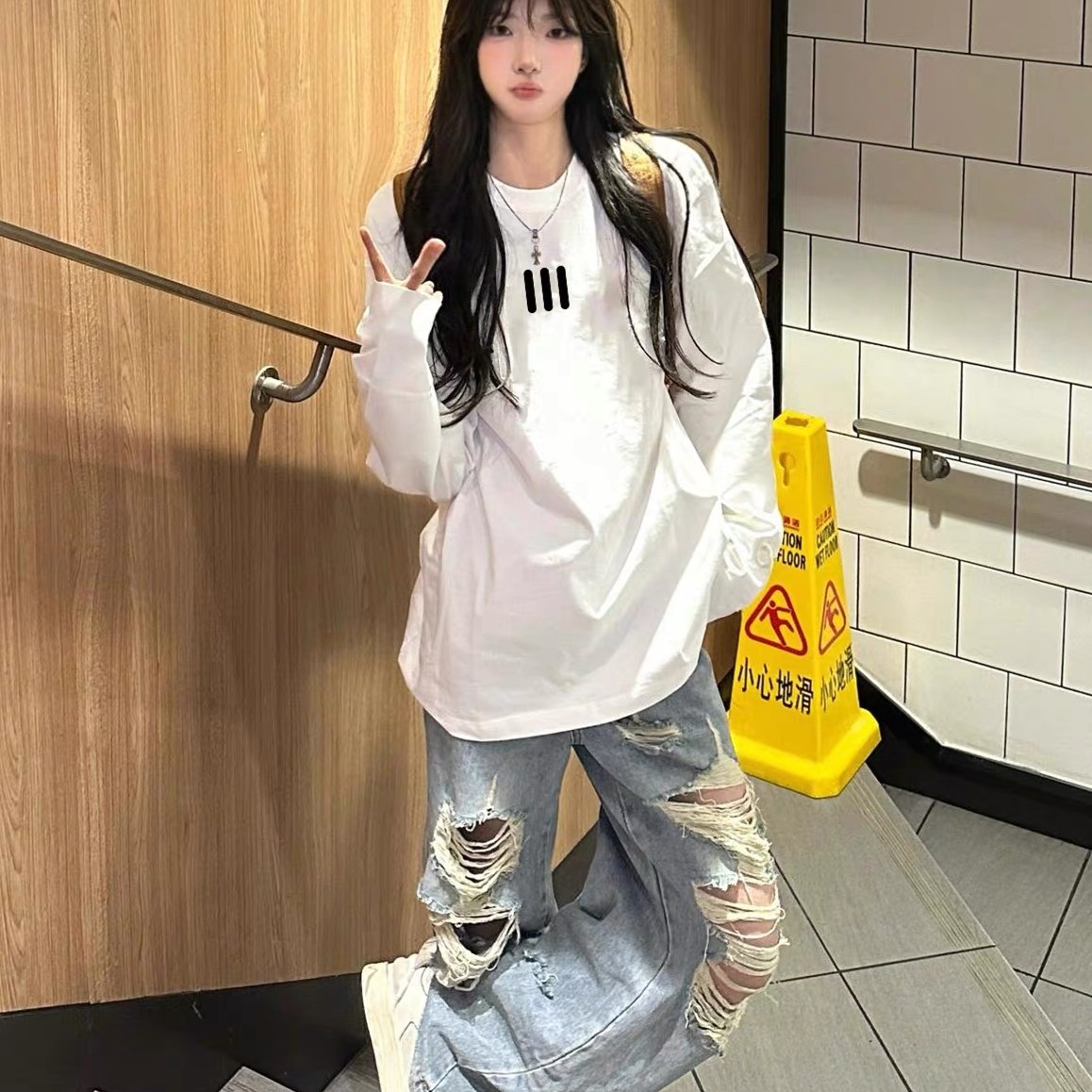 美式白色纯棉长袖T恤女春秋