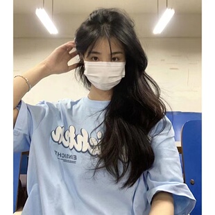 美式复古奶蓝色短袖t恤女夏季2025新款宽松韩版ins学生半袖上衣服