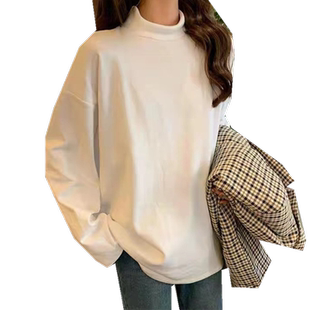 春款上衣服2025新款ulzzang半高领长袖t恤女修身白色弹力打底小衫