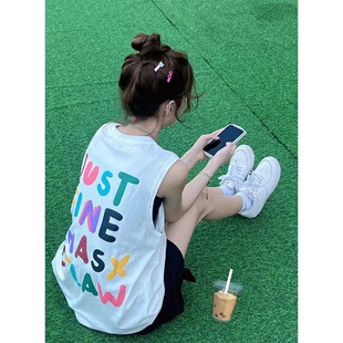 美式高街无袖坎肩t恤背心女夏季纯棉下本身失踪宽松运动篮球服ins
