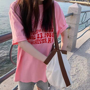 纯棉圆领正肩卡通印花粉色上衣 短袖 t恤女夏短款 韩版 宽松ins潮半袖