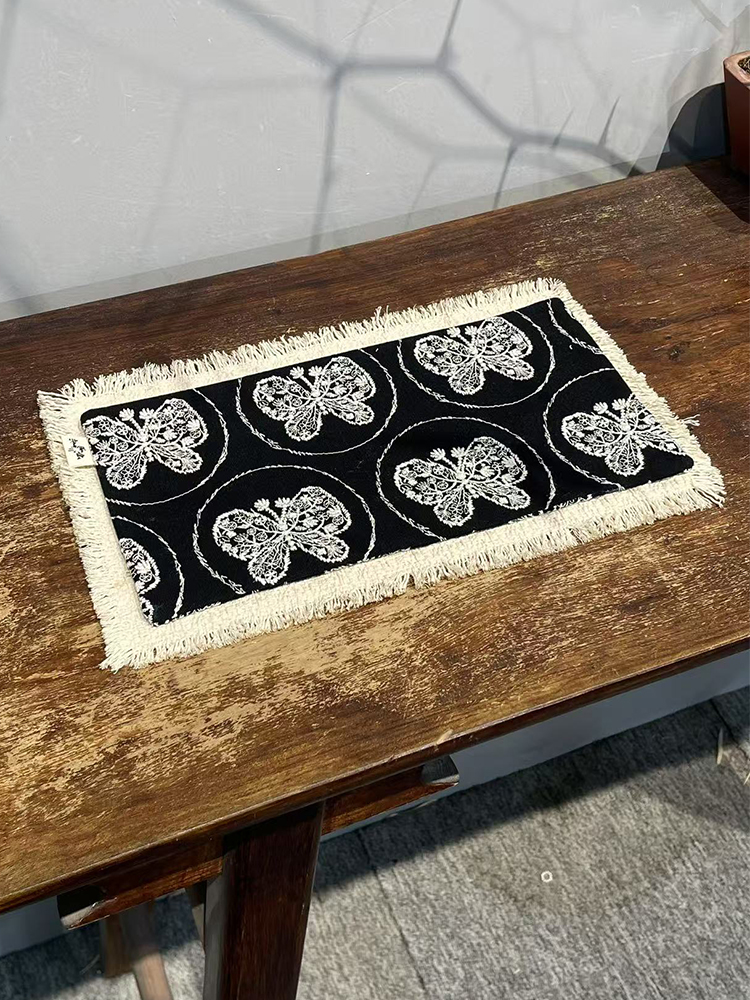 荆浙黑白棉麻绣花蝴蝶干茶席中国风家居茶几保温垫桌旗布艺配件