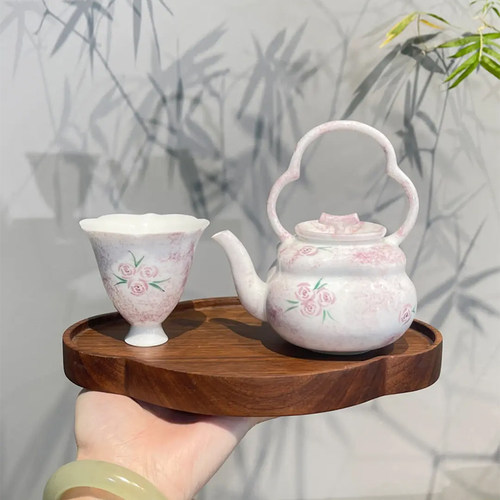 惊蛰 满工手绘玫瑰花提梁壶套组一壶一杯功夫茶具陶瓷家用泡茶壶