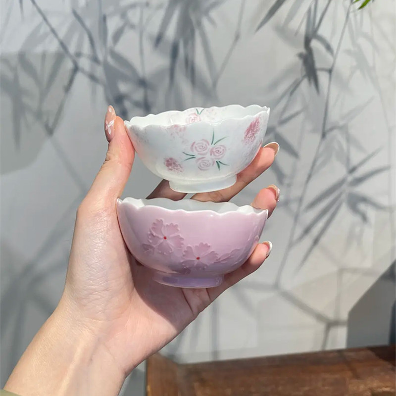 惊蛰 粉紫釉下彩手绘玫瑰花雏菊对杯家用陶瓷品茗杯茶盏功夫茶具