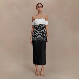 欧美风新款重工轻奢钉珠一字肩绷带连衣裙女修身晚礼服约会聚会裙