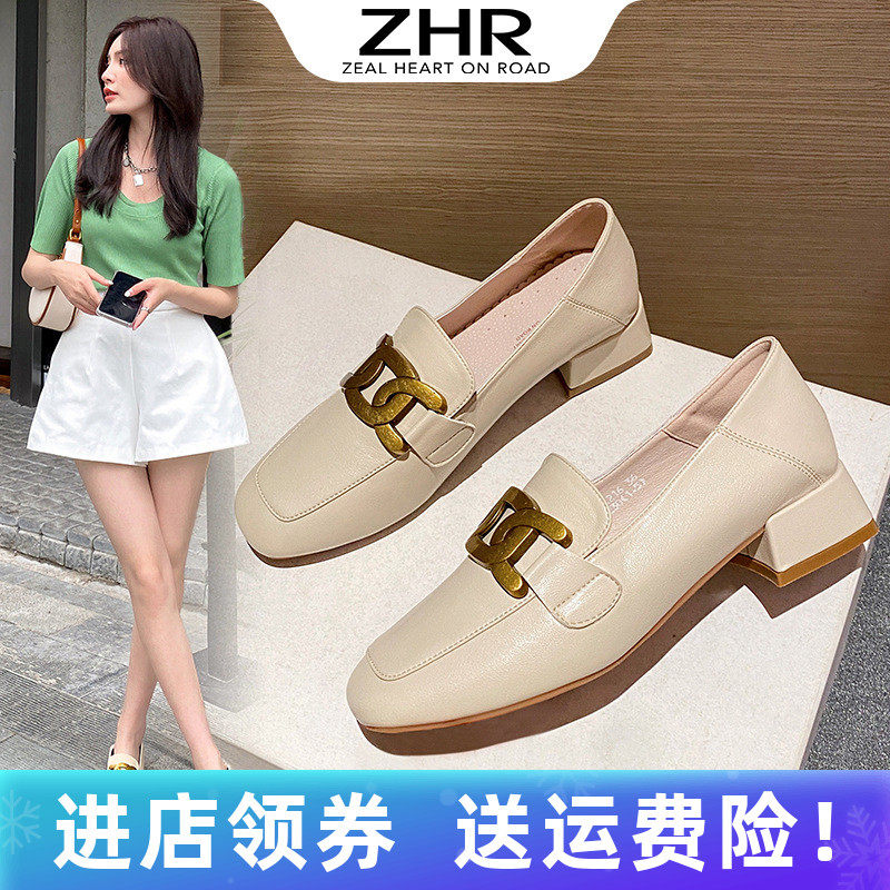 zhr2022夏季新款方头单鞋女粗跟马衔扣乐福鞋百搭软底英伦小皮鞋