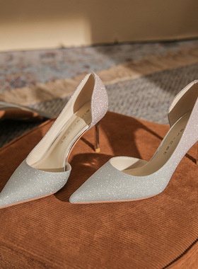 新款83311 法式小高跟鞋女2025性感渐变婚鞋尖头细跟浅口侧空单鞋