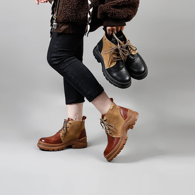 秋冬真皮厚底马丁靴加绒保暖复古短靴子系带女靴一件分销广州