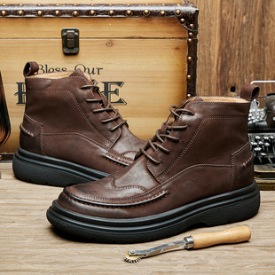 冬季布洛克马丁靴男高帮皮鞋英伦风牛皮靴子男圆头短靴中帮工装靴