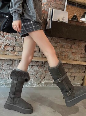 羊毛一体灰色雪地靴女2026冬季新款厚底加绒加厚长筒雪地棉鞋
