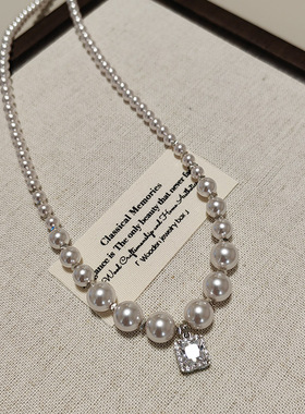 施家珍珠项链锆石方糖珍珠吊坠锁骨链法式气质纯银小众女颈链配饰