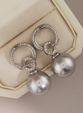 轻奢麻灰珍珠耳环2026新款爆款气质耳饰女锆石高级感小众耳坠耳扣