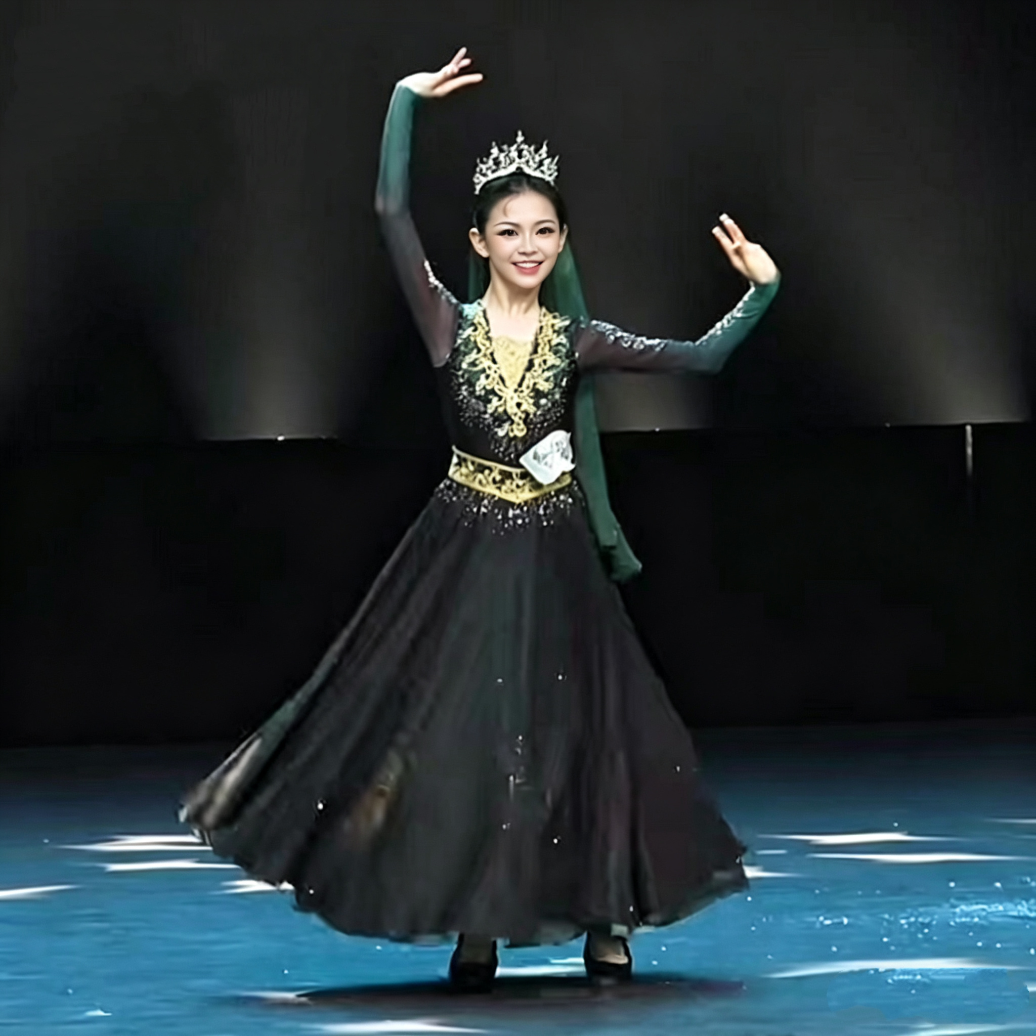 儿童桃李杯绿宝石民族表演服新疆维吾尔族舞蹈服艺考双层飘逸定制