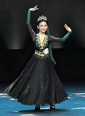 儿童桃李杯绿宝石民族表演服新疆维吾尔族舞蹈服艺考双层飘逸定制