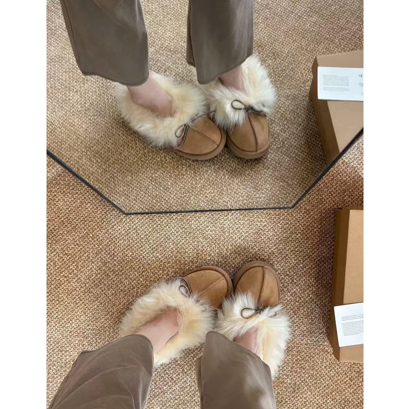 软皮版~加绒百搭通勤时尚保暖毛毛鞋女甜美蝴蝶结温柔舒适雪地靴