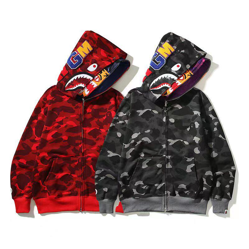 新款潮牌bape迷彩夜光斑点双帽系列男女拉链开衫卫衣外套卫衣鲨鱼
