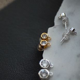 925银针锆石包镶吊孔耳钉耳环配件3 6mm多尺寸金银保色 DSz