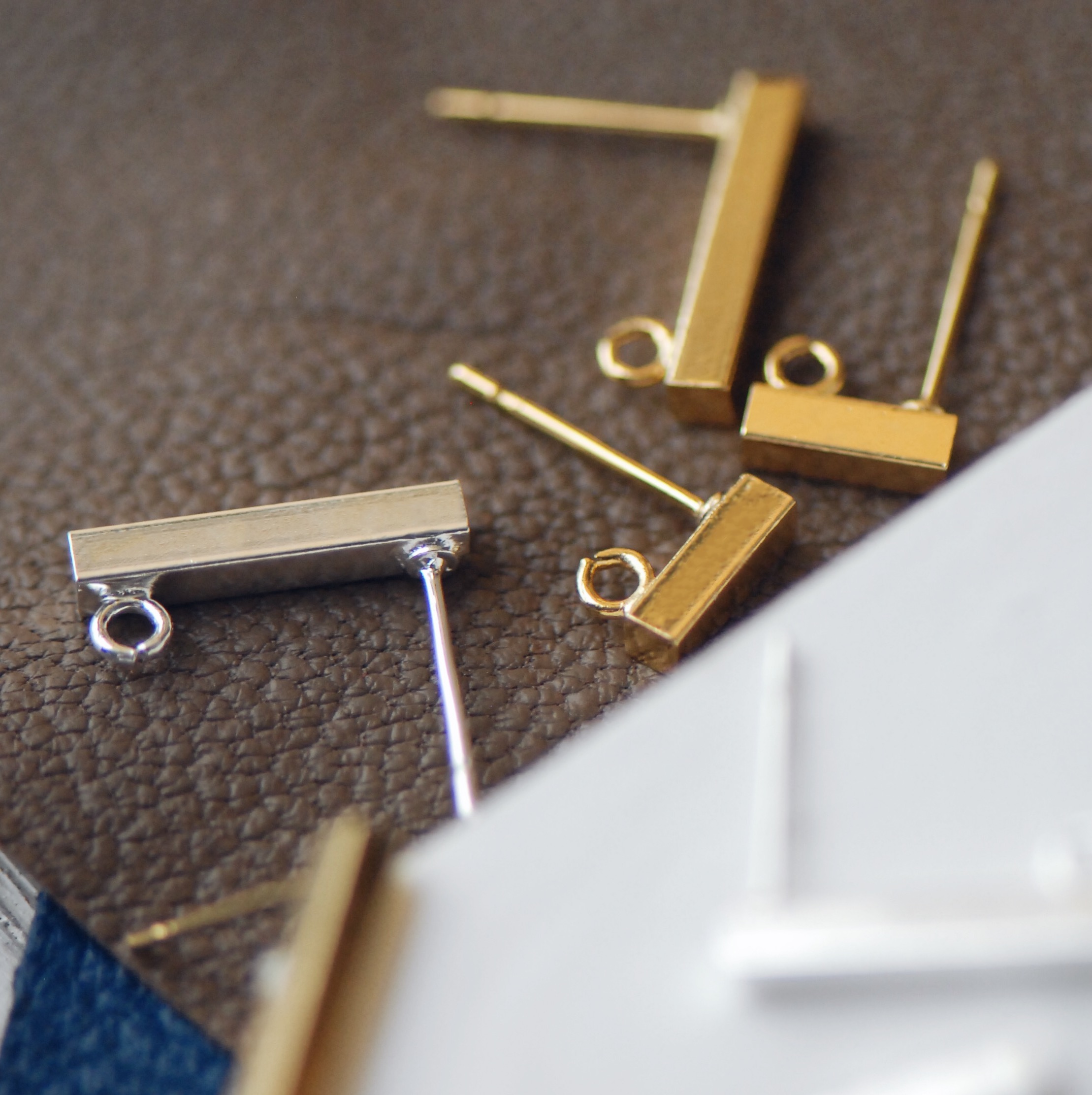 【DSz】真金真银电镀铜质方条耳钉简约一字带吊孔耳环配件diy手工