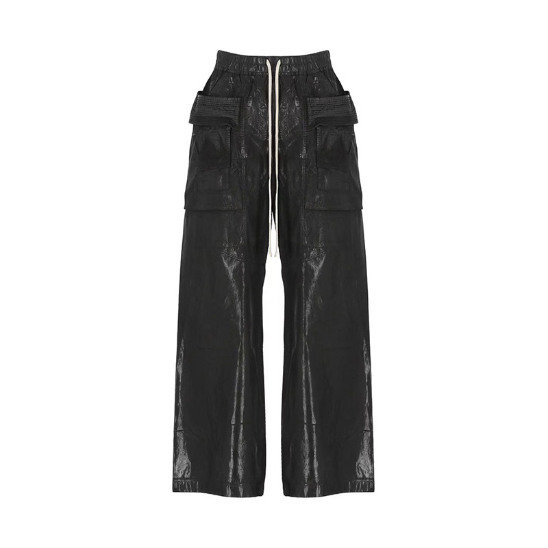 thumbnail for Ro acbt brushed wax patent leather coating wide leg straight micro flare multi-pocket double ring cargo drawstring trousers are loose